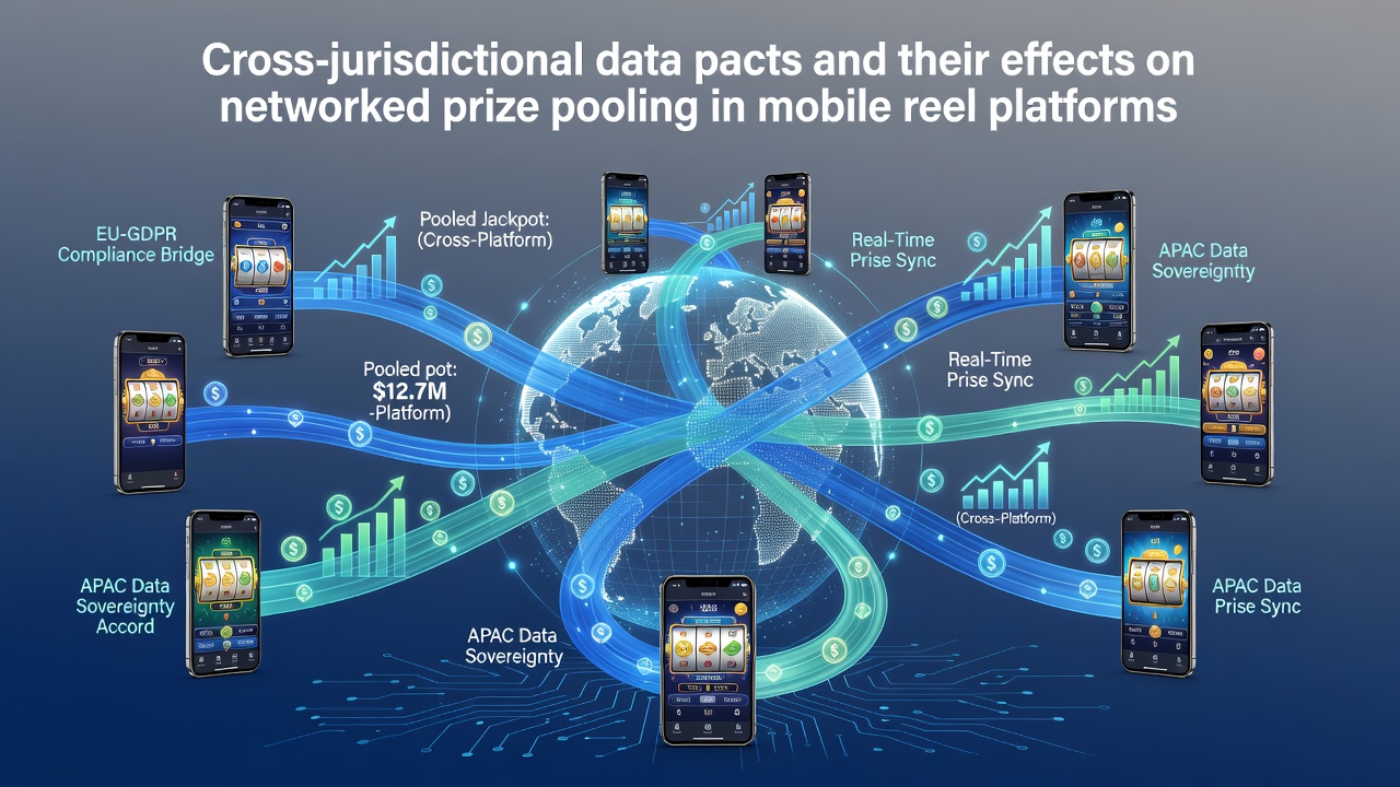 Network diagram showing data flows between international jurisdictions for mobile reel prize pooling agreements