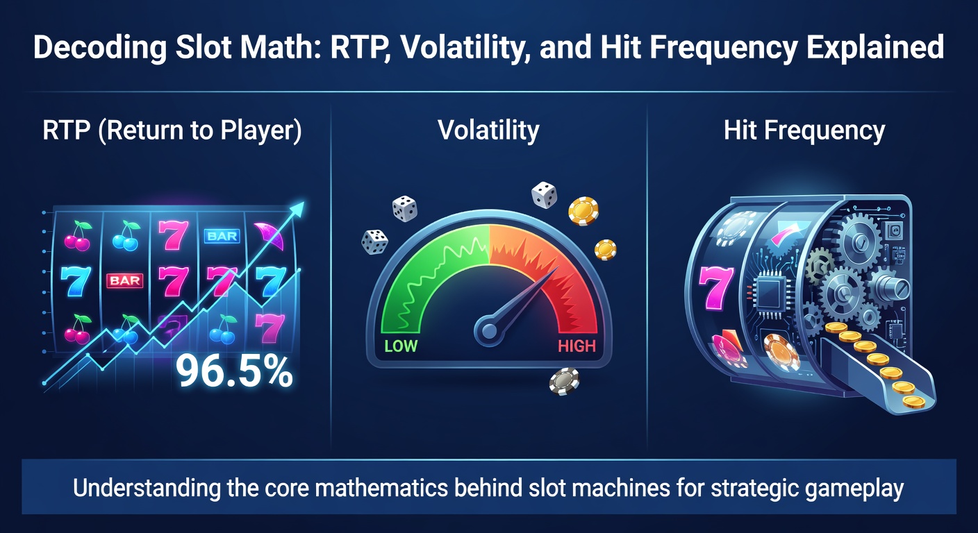 Illustration of slot machine reels displaying various symbols and payout lines, highlighting mathematical concepts like RTP percentages and volatility charts