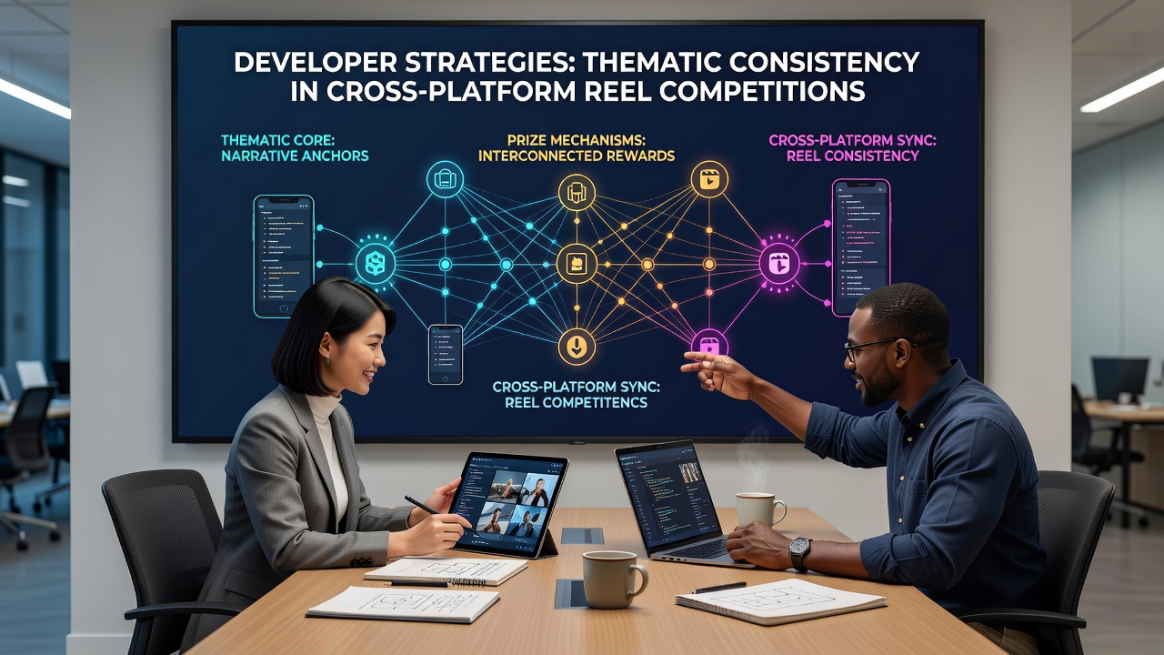 Developers reviewing thematic elements in interconnected prize systems for reel competitions