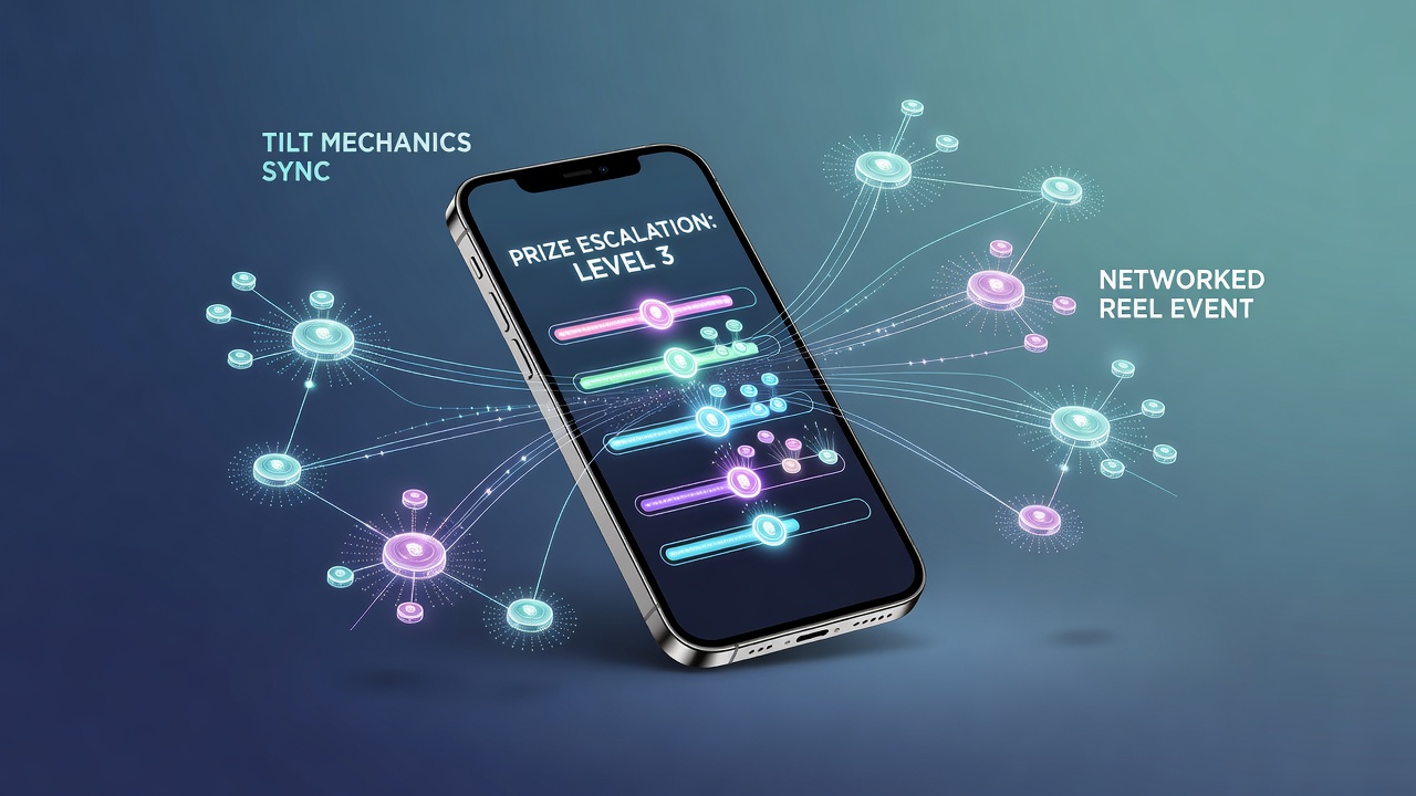 Mobile device tilted during a reel event with real-time prize escalation indicators visible on screen