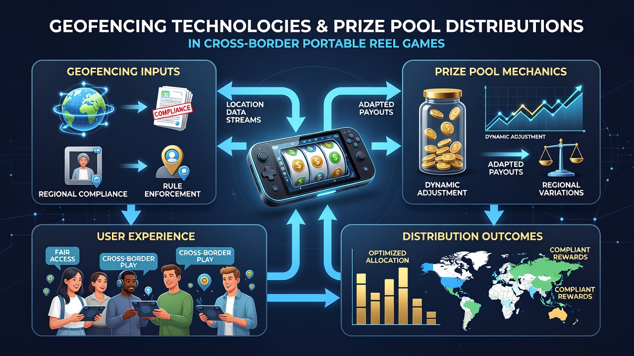 Mobile device showing geofence boundaries affecting prize pool splits in international reel game sessions