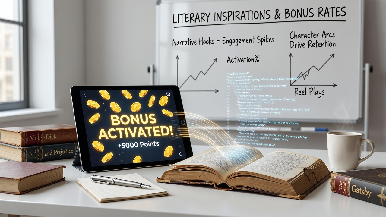 Mobile reel platform interface displaying literary-themed bonus symbols inspired by classic novels and myths