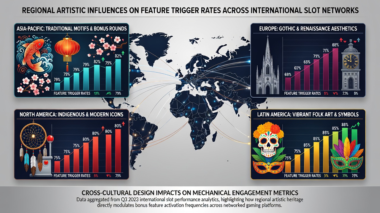 Data visualization of feature trigger variations linked to regional artwork in international slot networks