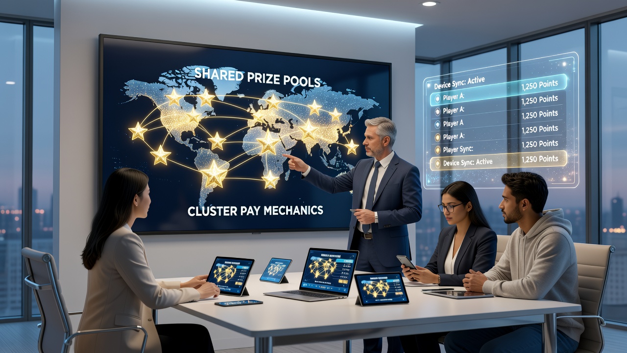 Cross-device tournament interface showing cluster pay mechanics feeding into shared prize pools
