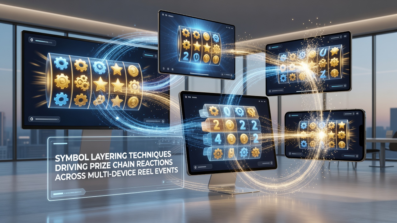 Close-up view of symbols layering across multiple mobile and desktop reel interfaces during a live event