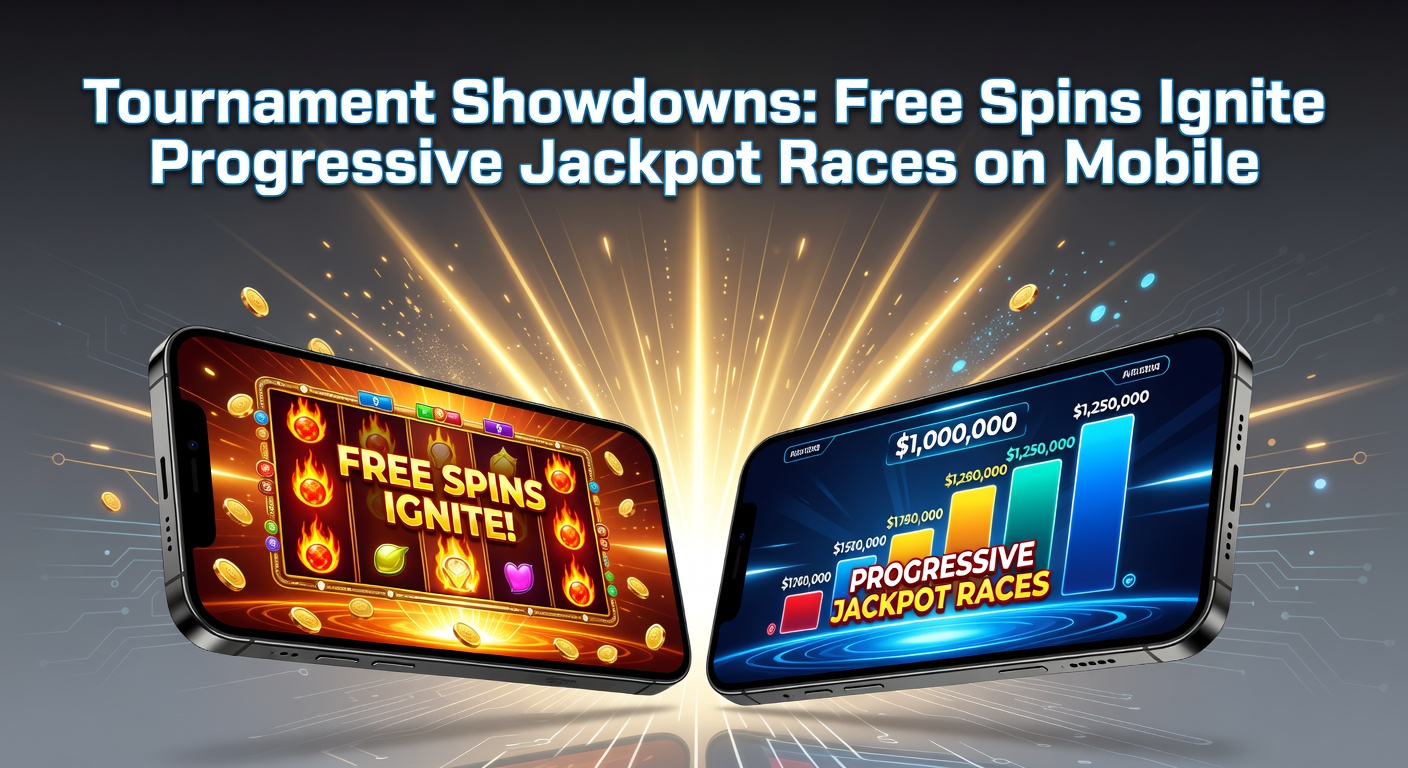 Close-up of a mobile progressive jackpot exploding during a free spins frenzy in a tournament setting, with confetti and leaderboards
